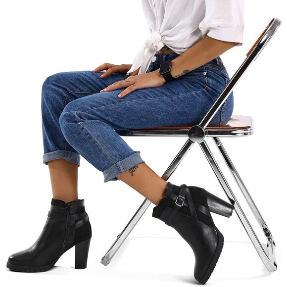 Women's Buckle Black Ankle Boots Chunky Stacked Heel Side Zipper Classic Boots - Picture 7 of 8